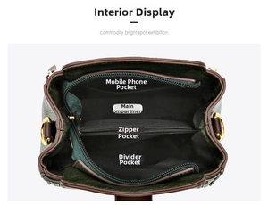 Interior view showing the main compartment, phone pocket, and zipper layer of the bucket bag
