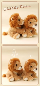 Close-up of plush lion dolls with brown manes and soft yellow fur in a seated pose