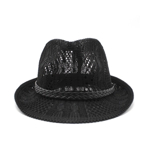 Classic black knitted jazz hat featuring breathable mesh design and grey woven hatband