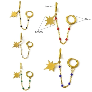 Gold stainless steel star drop earrings with colorful beads and chain charms for women