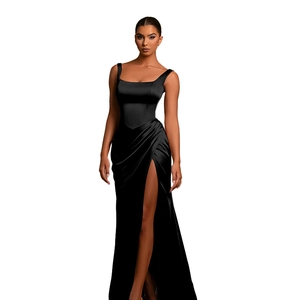 Detail of elegant black corset maxi dress featuring side slit and premium satin finish