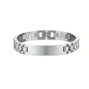 Detailed view of silver stainless steel link bracelet with blank engraving plate