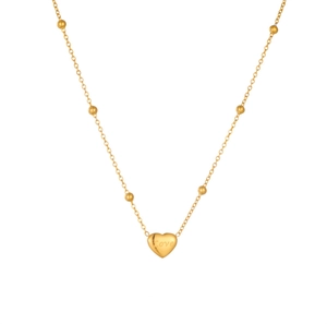 Close-up of gold heart pendant with Love engraving and beaded O-chain necklace
