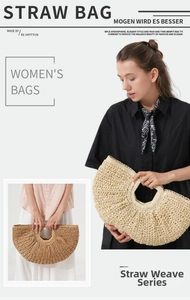 Detail of hand-woven straw tote bag with half-moon design and rustic texture