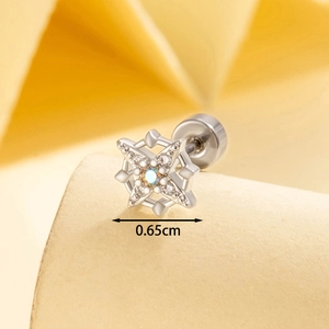 Octagon star stud earring with iridescent opal and zircons in silver finish, 0.65cm size