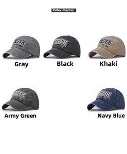 Detailed view of washed cotton baseball caps with CRUSH embroidery in five colors