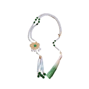 New Chinese style pearl fringe necklace with gold flower pendant and green gemstone