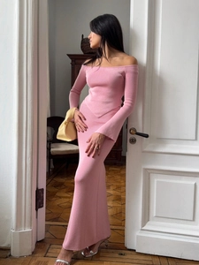Pink off-shoulder long sleeve knit top and slim maxi skirt two-piece set for women