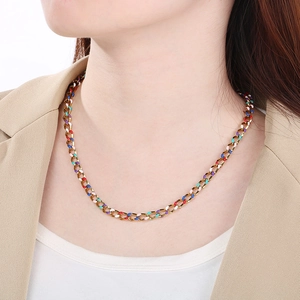 Colorful drip oil Cuban link necklace in stainless steel worn by a model on white background