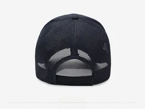 Detail view of the breathable mesh fabric and adjustable velcro strap on back of the cap