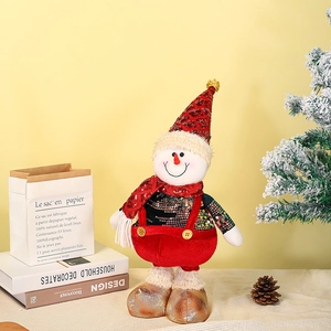 Macro detail of a plush Christmas snowman doll with red sequin hat and festive attire