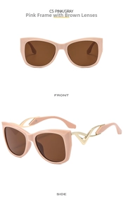 Details einer Schmetterlings-Cateye-Sonnenbrille mit goldfarbenen Wellenbügeln