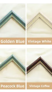 Detail of four retro frame samples with golden bead edges in various wood grain finishes