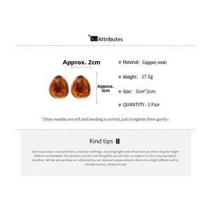 Detailed specs of resin teardrop earrings with dimensions 3cm by 2cm and copper base