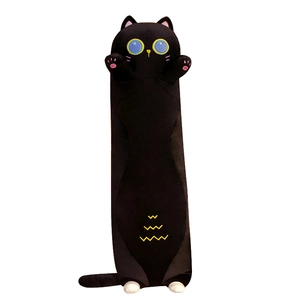 Long black cat plush pillow toy with yellow eyes and pink paw details on white background