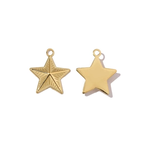 Detailed view of gold star pendants with sunburst texture and smooth polished finish