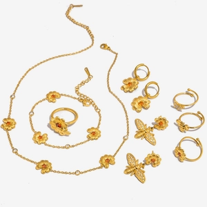 Joyería de Acero Inoxidable Chapado en Oro 18K Margarita Abeja Naranja Zirconia Flor Collar Pendientes Anillos Pulsera Para Mujer