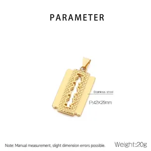 Macro view of gold stainless steel razor blade pendant with lattice engraving texture
