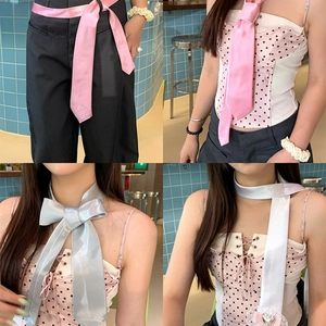 Satin Bowknot Flower Ribbon Necklace For Women Sweet Elegant Niche Long Sweater Chain Rhinestone Heart Alloy Pendant Necktie Choker Jewelry