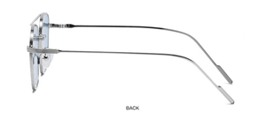 Side view showing slim silver metal frame and light blue lenses of these sunglasses