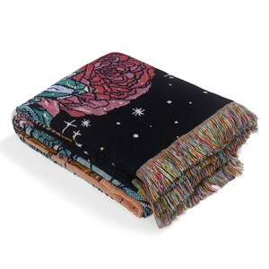 Bohemian jacquard woven blanket with red rose pattern and colorful fringe tassels