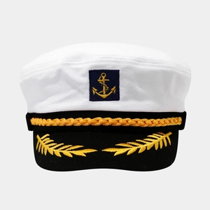 Classic white sailor captain hat with gold anchor embroidery and leaf patterns on the brim