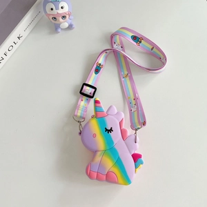 Unicorn silicone crossbody bag in purple with rainbow strap and fidget bubble texture