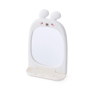 Cute white cartoon bunny makeup mirror with a storage base tray for tabletop use