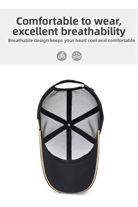 Detail showing the breathable black mesh fabric and gold edge piping on the baseball cap