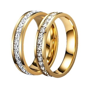 Polished gold titanium steel eternity rings with channel-set square zircon crystals