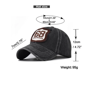 Detailed view of washed cotton baseball cap with 68 Athletic Club embroidery and size specs