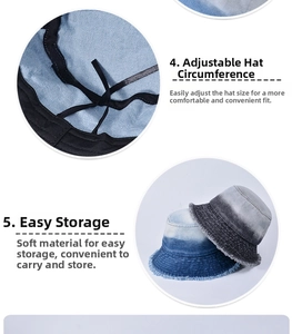 Dettaglio della corda regolabile e del cappello da sole pieghevole in denim sfrangiato