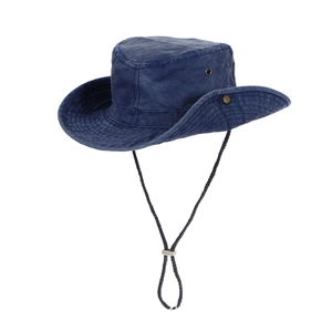 Detailed view of durable navy denim sun hat with adjustable drawstring and metal eyelets