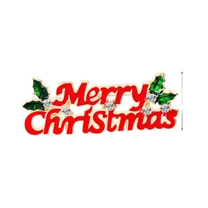 Merry Christmas brooch with red enamel lettering, green leaves and silver rhinestones