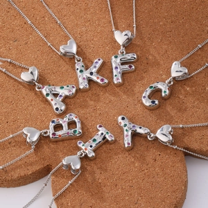 Silver heart pendant necklaces with colorful zircon stones and 26 alphabet letters