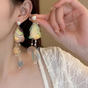 Long Tassel Drop Earrings With Holographic Sequins Faux Artificial Pearl And 925 Sterling Silver Earring Post Iridescent Sweet Jewelry For Women