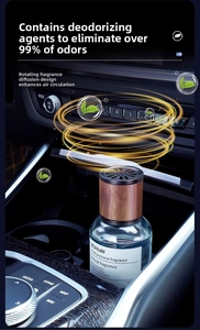 Car aromatherapy diffuser with blue liquid and wood grain lid featuring a rotating vent