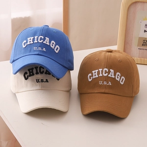 Kids cotton baseball caps with Chicago embroidery in blue, cream and khaki colors
