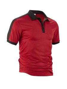 Detailed view of red and black color-block polo shirt with breathable pique fabric texture