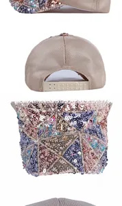 Detail of colorful sequins pattern and breathable champagne mesh on women's baseball cap