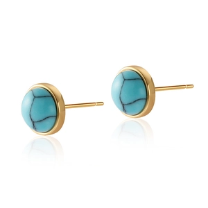 Elegant round turquoise stud earrings with 18K gold plated brass and natural stone texture