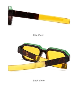 Detaillierte Makroansicht der Retro-Sonnenbrille mit UV400-Zeichen und Farbnähten
