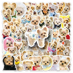 Close-up of waterproof Yorkshire Terrier stickers with various cute dog outfits and poses