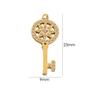 Detailed view of a gold key pendant with zircon inlays and dimensions 23mm by 9mm
