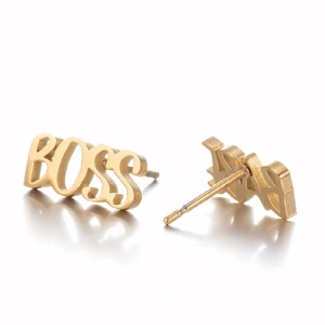 Minimalist gold stainless steel BOSS letter stud earrings for women on white background