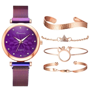 Set 5 pezzi con orologio al quarzo viola e bracciali oro rosa per donna elegante
