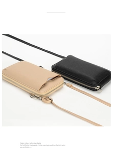 Detalle de bolsos cruzados para móvil en piel granulada beige y negro con cremallera