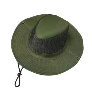 Army green outdoor sun hat with breathable black mesh and wide brim for hiking