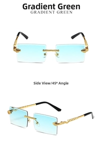 Detail of rimless square sunglasses with gold snake relief temples and gradient green lenses
