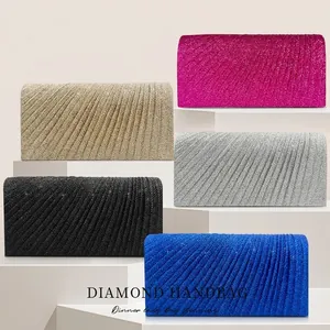 Sparkly glitter pleated evening clutch bags in gold, rose red, silver, black, and blue colors